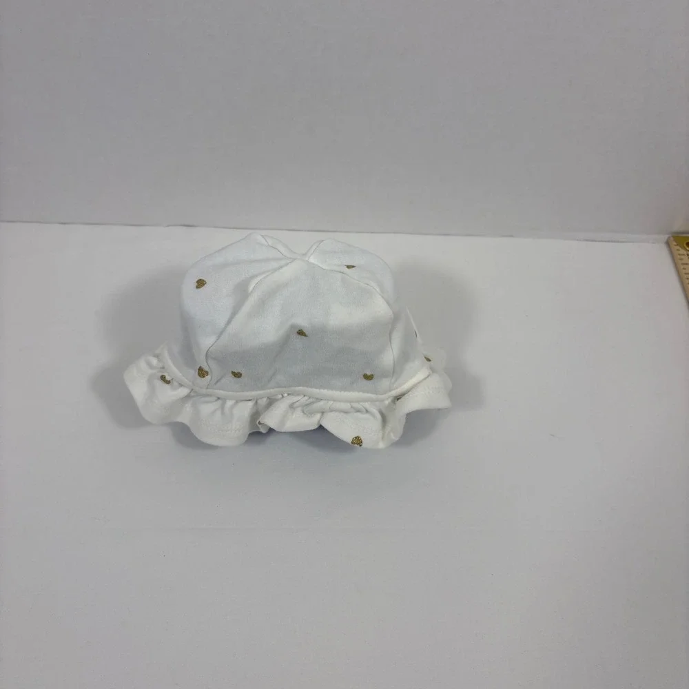 Rene Rofe Baby White Gold Glitter Heart Ruffle Bucket Hat 3-6 Months Cotton